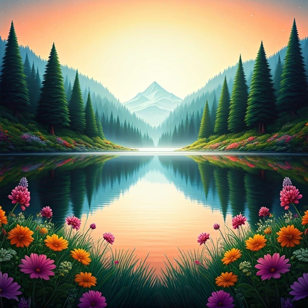 Surreal Mountain Lake Radiates Vibrant Cosmic Energy