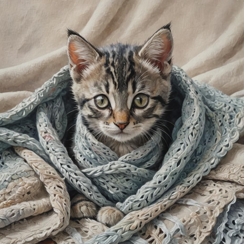 Grey Kitten in Crochet Shawl: Gouache Watercolor Art