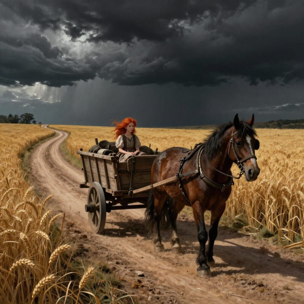 Dark Fantasy Wheat Field with Red-Haired Girl