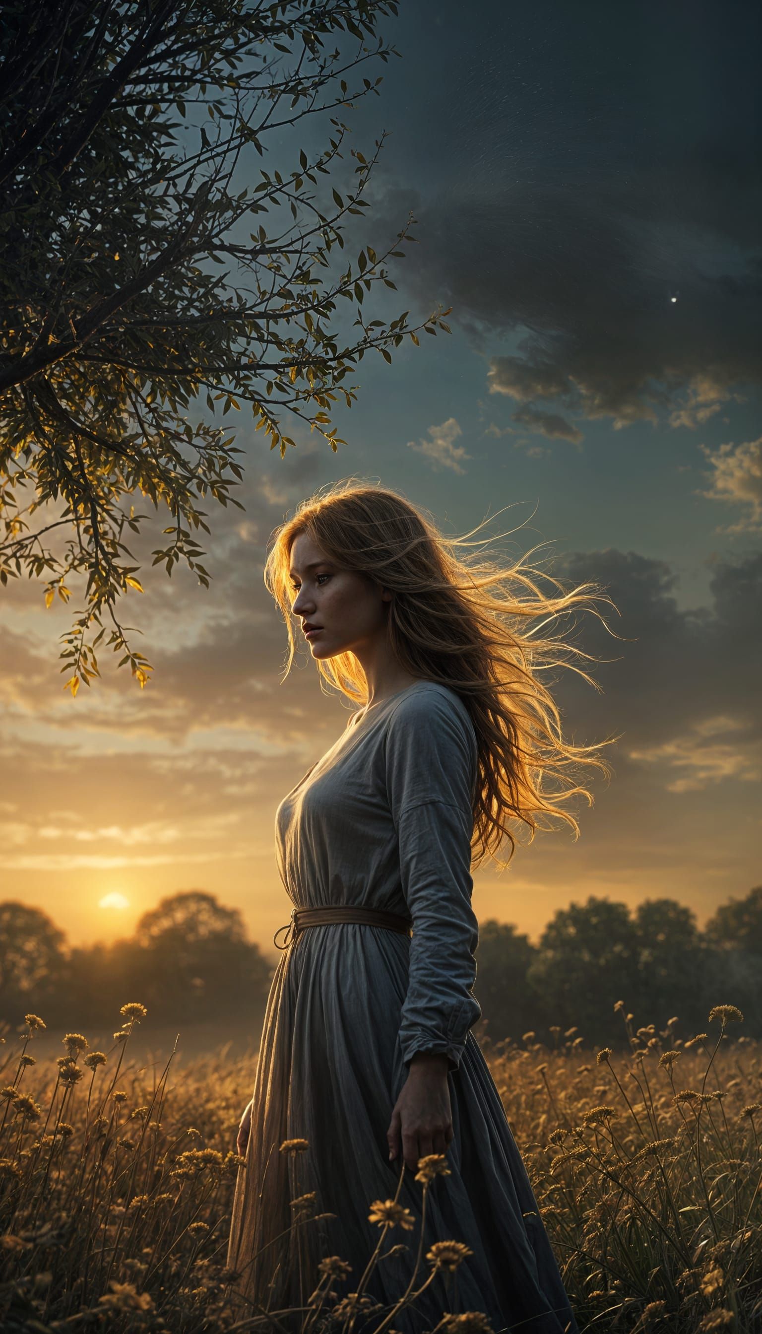 Woman in Twilight Meadow with Celestial Glow