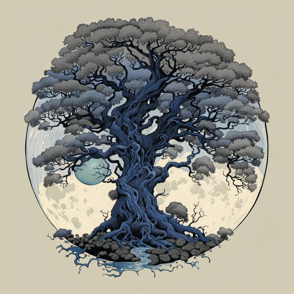 Ancient Tree with Full Moon in Art Nouveau Style