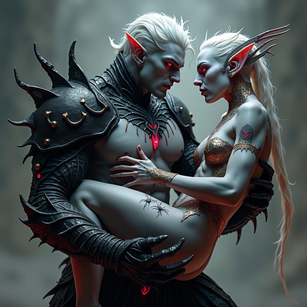 Drow Elves Embrace in Dark Fantasy Art