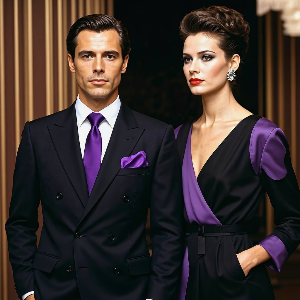 Photorealistic Couple with Purple Accents in Elegant Attire