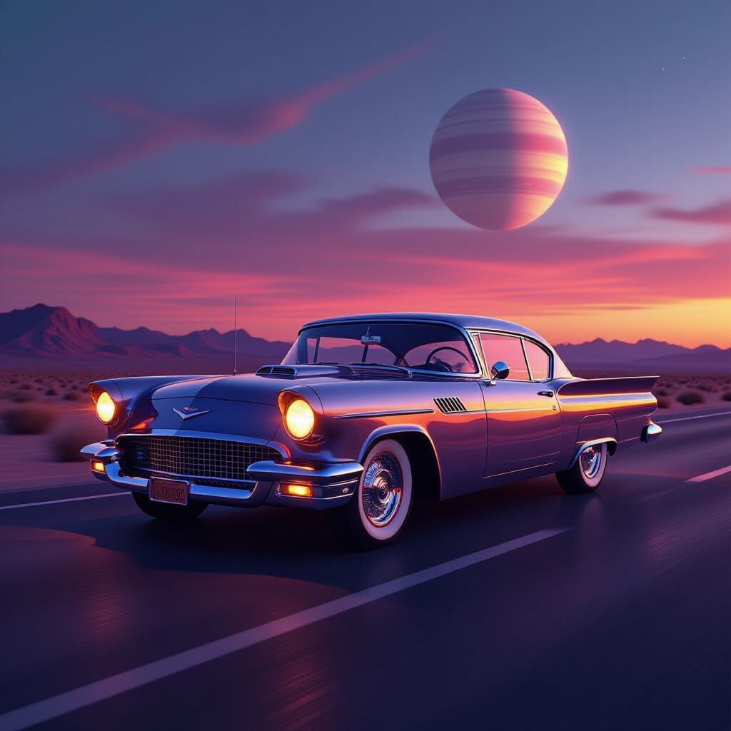Retro-Futuristic 1950s Car on Desert Highway