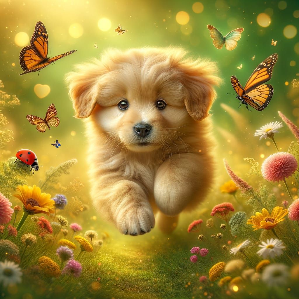 Golden Puppy Explores Wildflower Meadow at Sunset