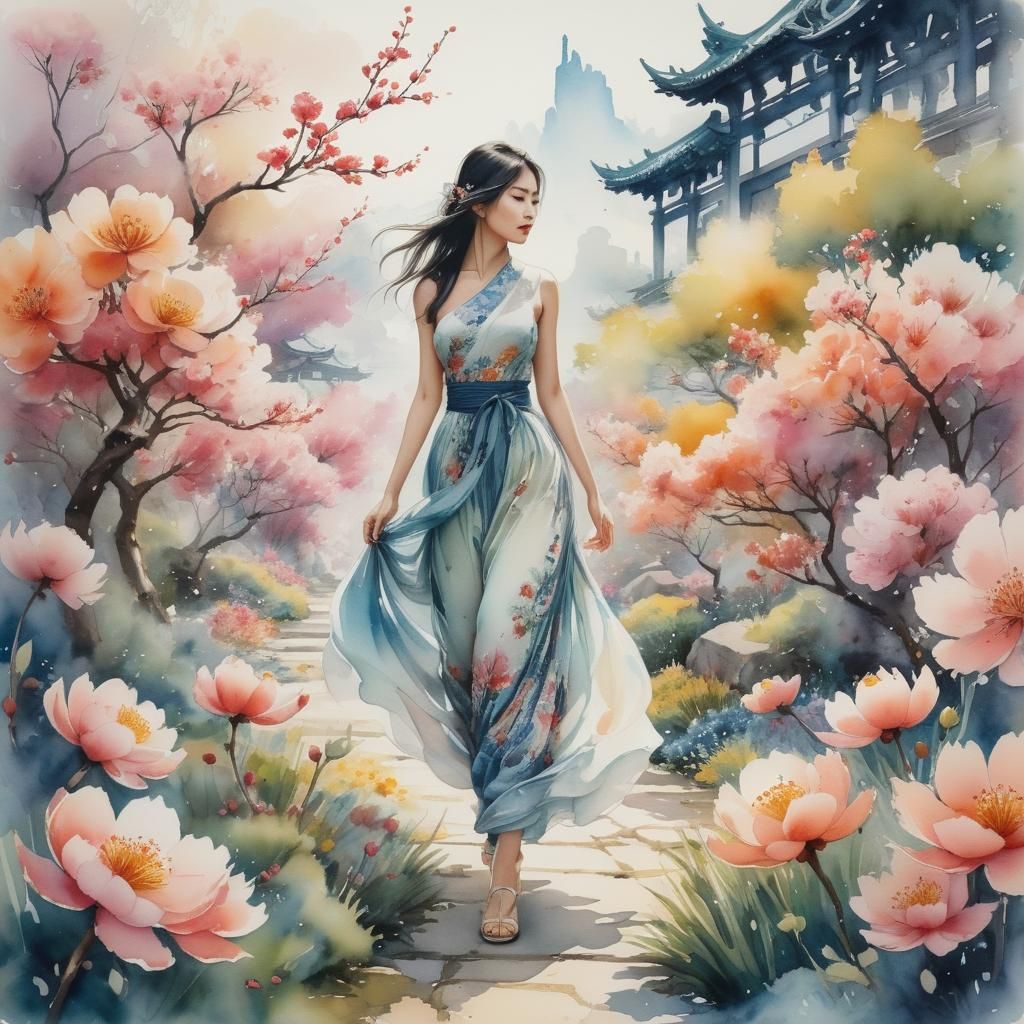 Lady in flower garden