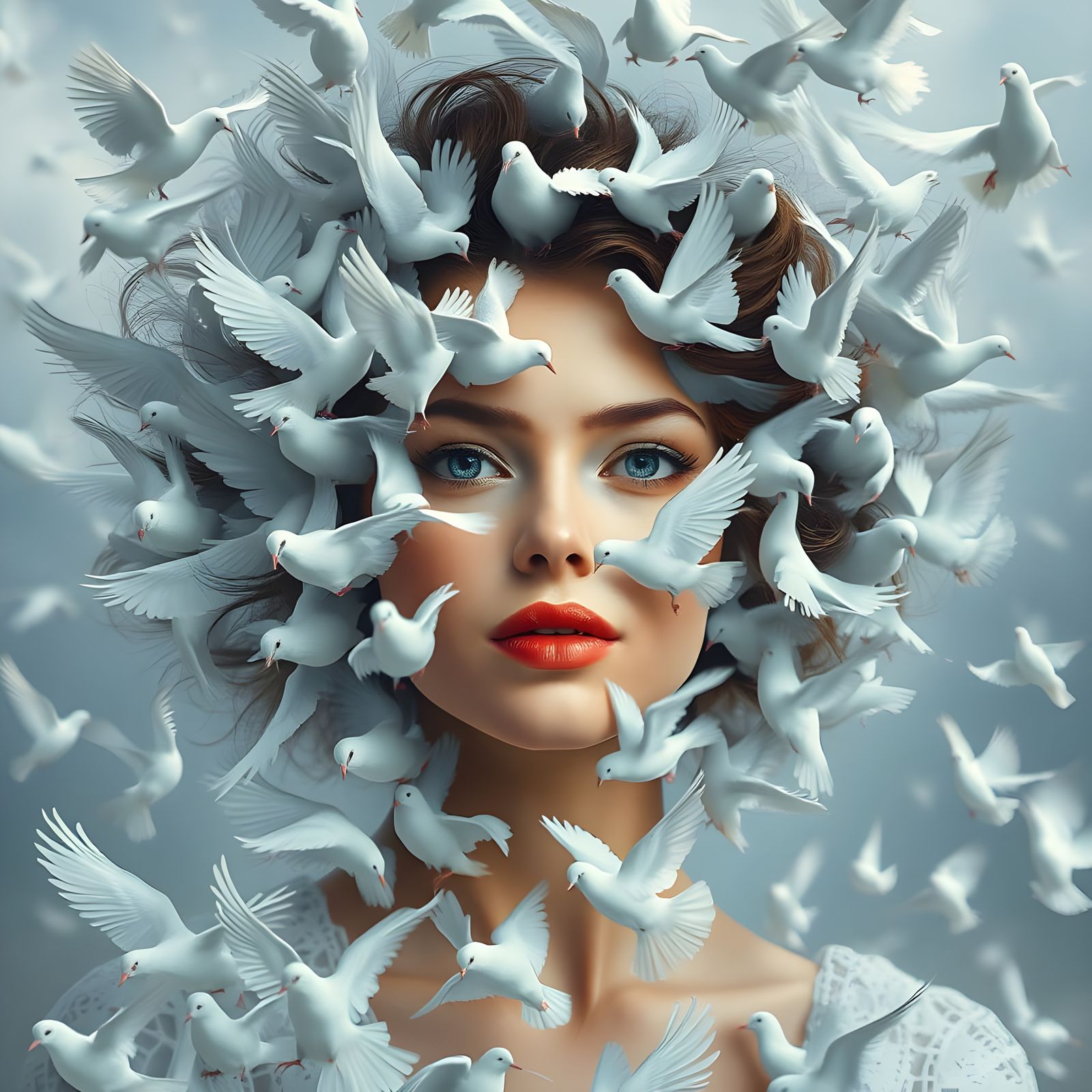 Woman Emerging from Dove Flock in Photorealistic Fantasy Por...