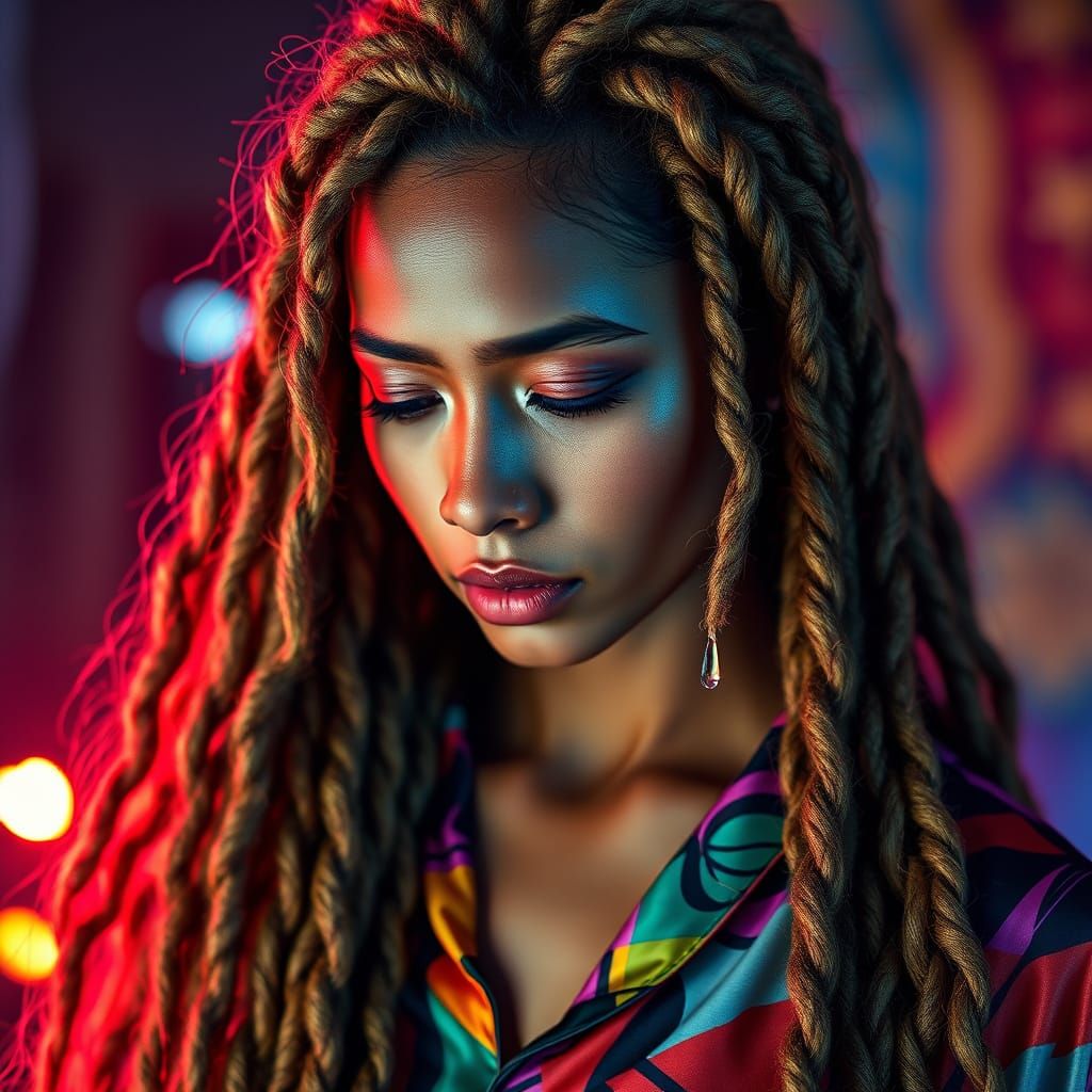 Eurasian Woman with Vibrant Dreadlocks in a Moody Portrait
