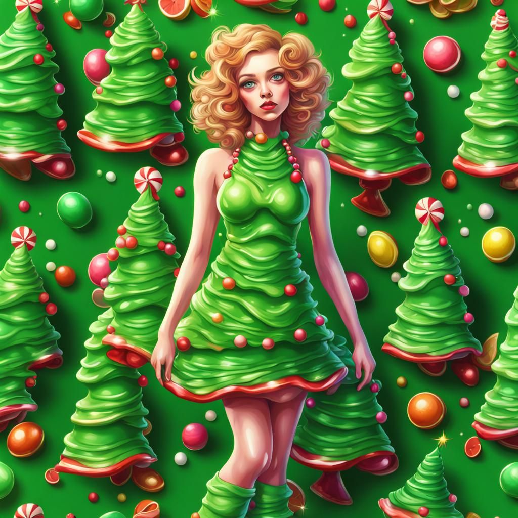 Green Christmas Tree Dress in Candy Art Style