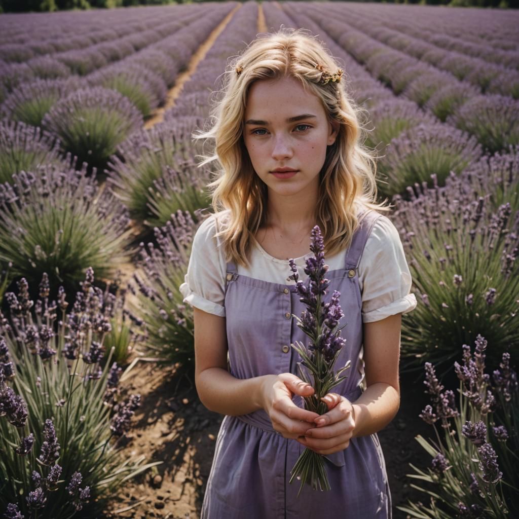 Teen Girl Holding Lavender Flower: Cinematic Film Still