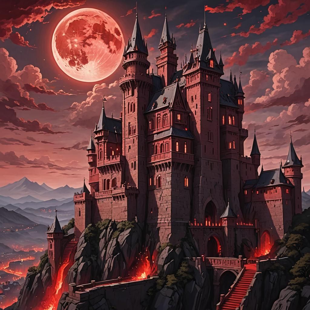 Crimson Moon Castle with Anime Fire Mage