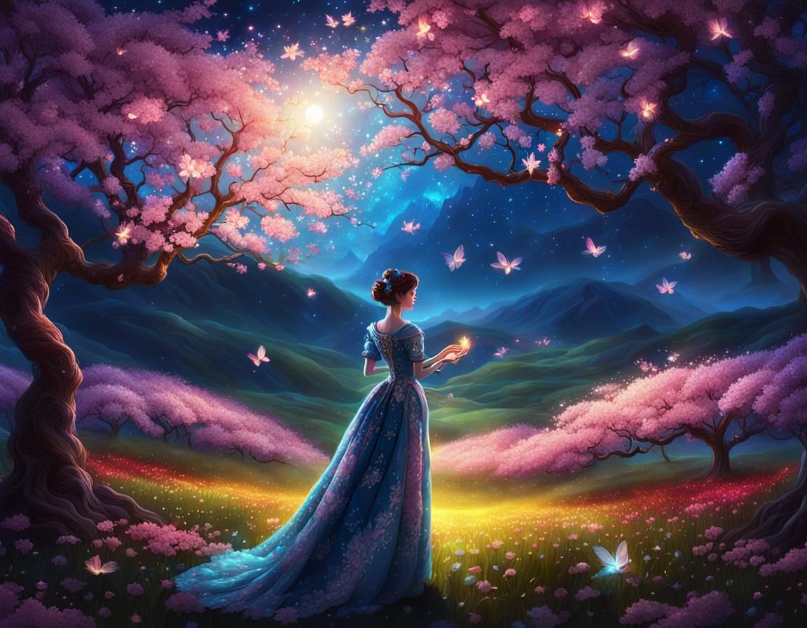 Baroque Woman in Cherry Blossom Field at Night