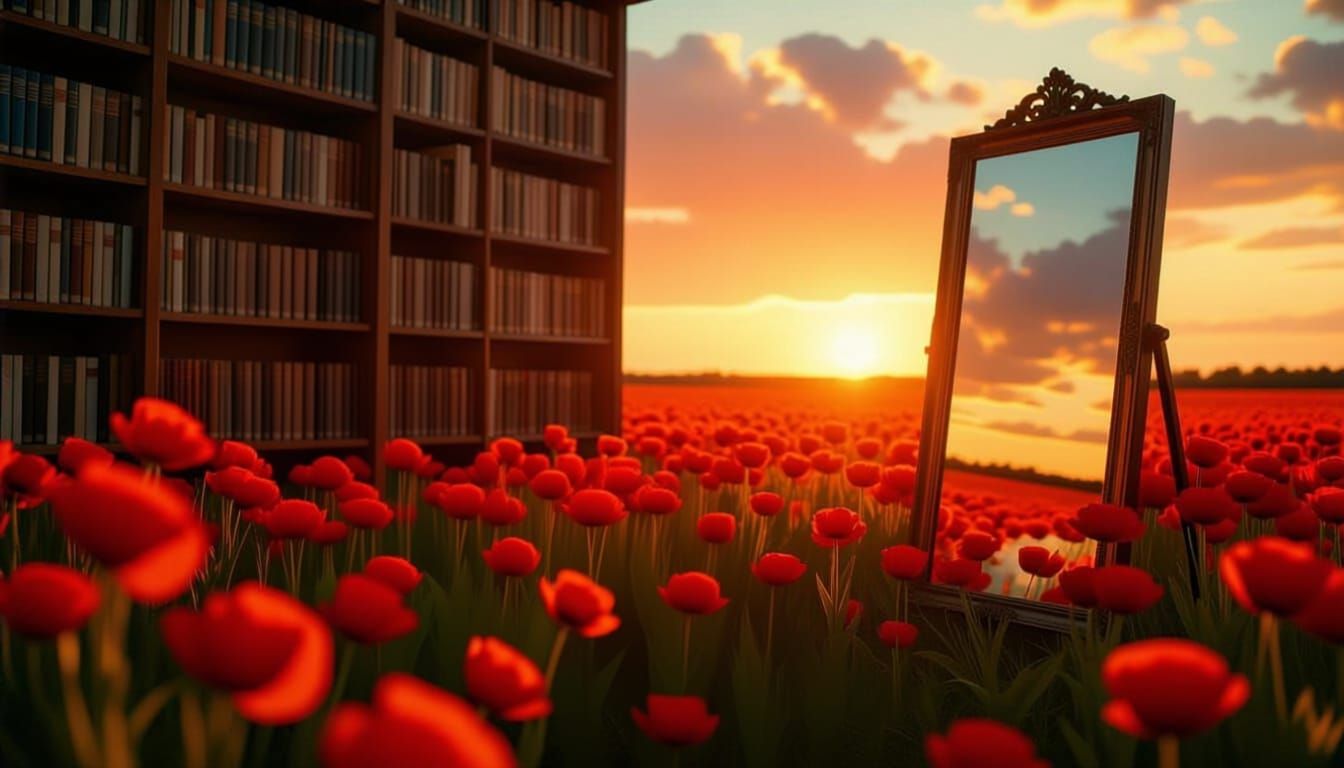 Library in Fiery Sunset Field of Red Flowers
