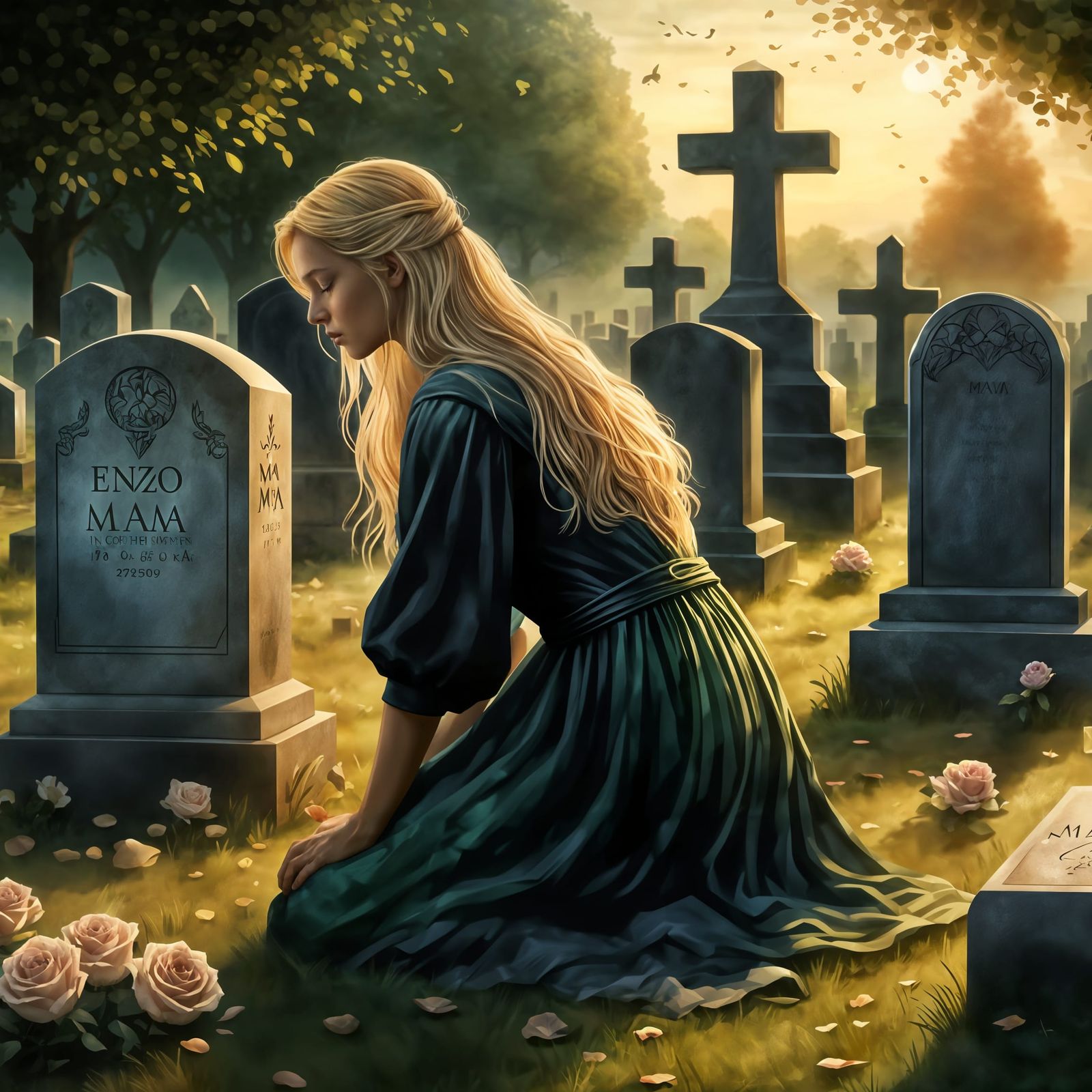 Grieving Woman at Gravesite During Sunrise