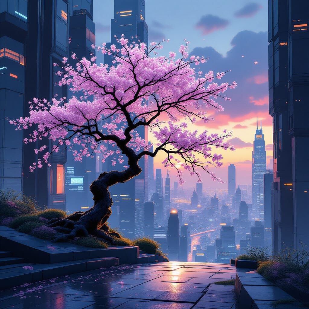 Ancient Cherry Tree Meets Futuristic Cityscape at Dusk