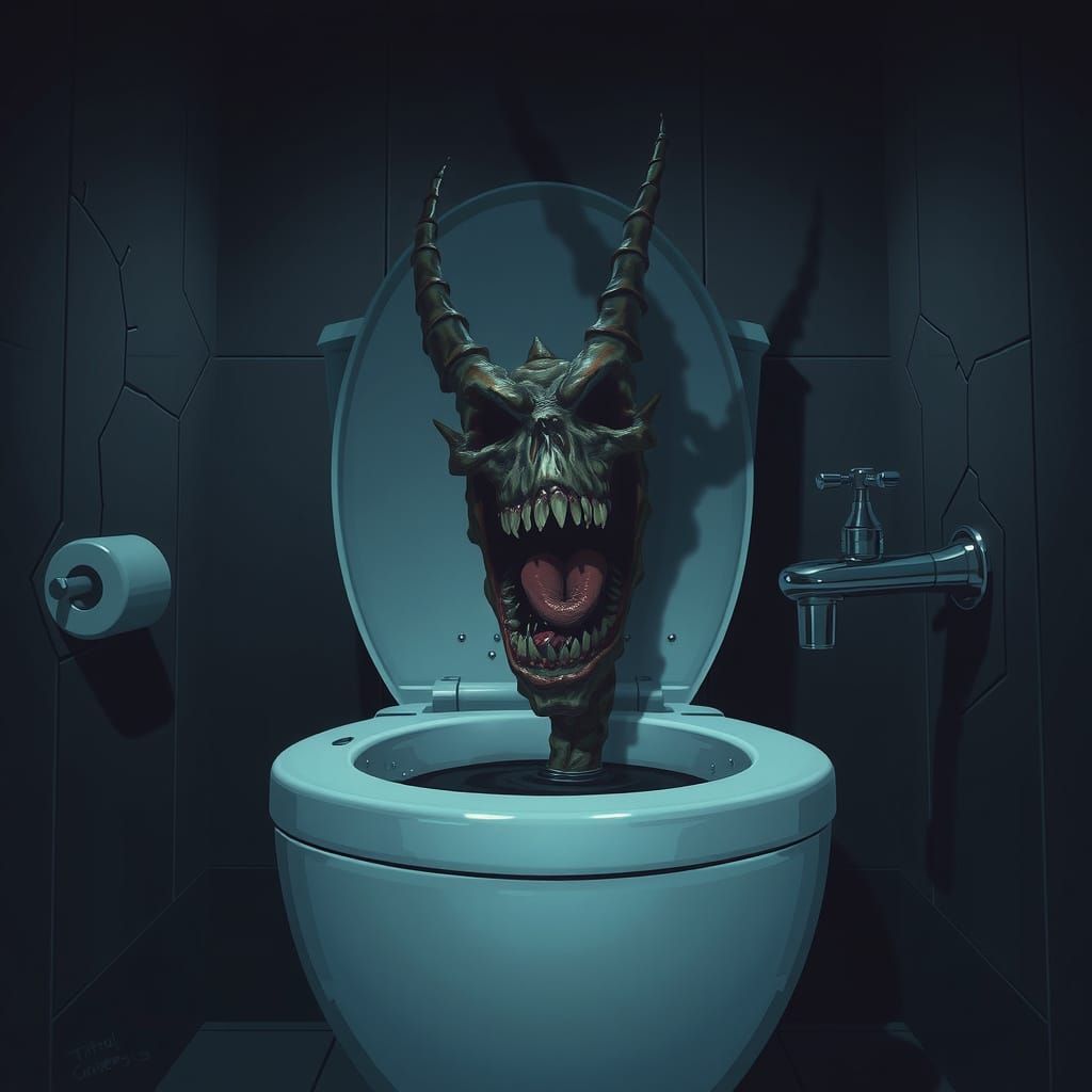 Eerie Toilet Monster in Digital Illustration Style