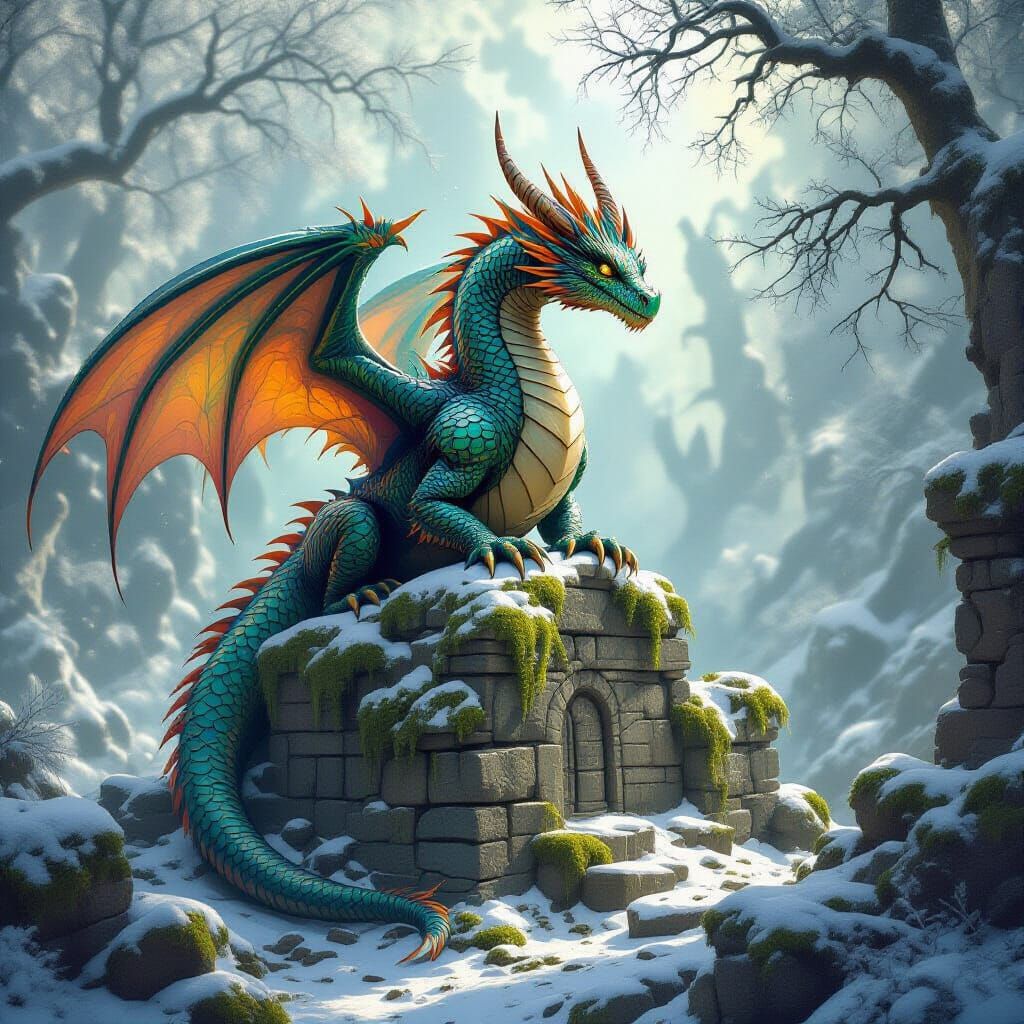 Majestic Christmas Dragon on Ancient Ruin in Snowy Forest