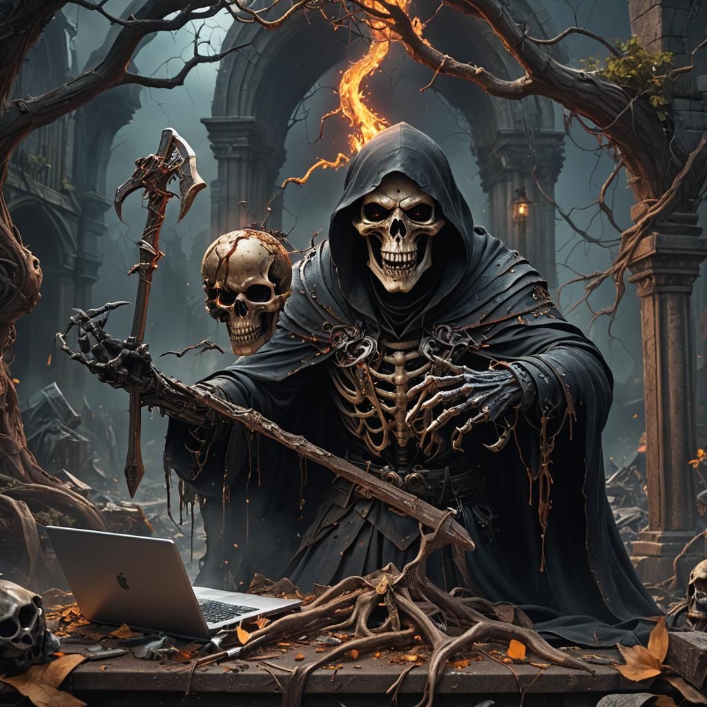 Grim Reaper's Computer Stress: Hyperrealistic Digital Art
