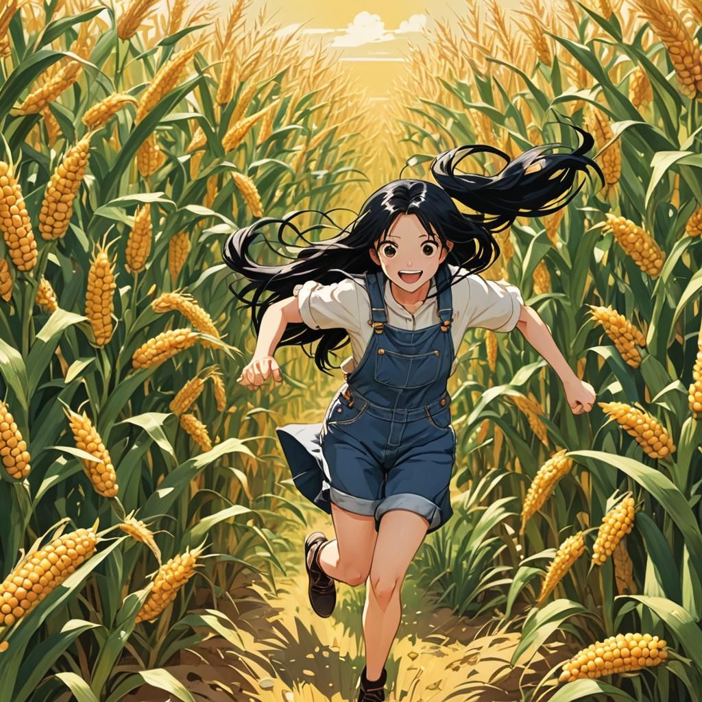 Girl Runs Through Cornfield in Anime Style
