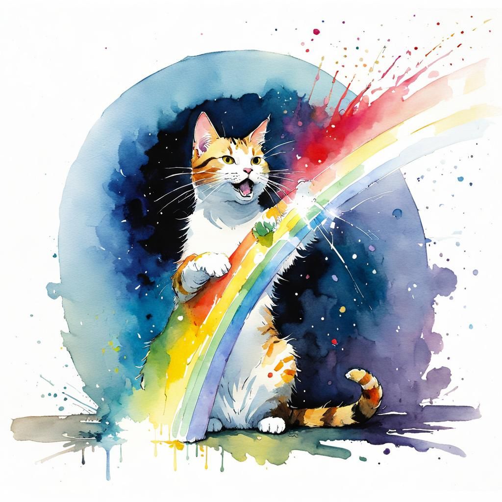 Cat Throwing Up Rainbow Light in Watercolour