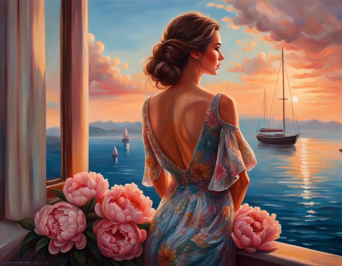 Woman in Flowery Dress Overlooking Mediterranean Sea