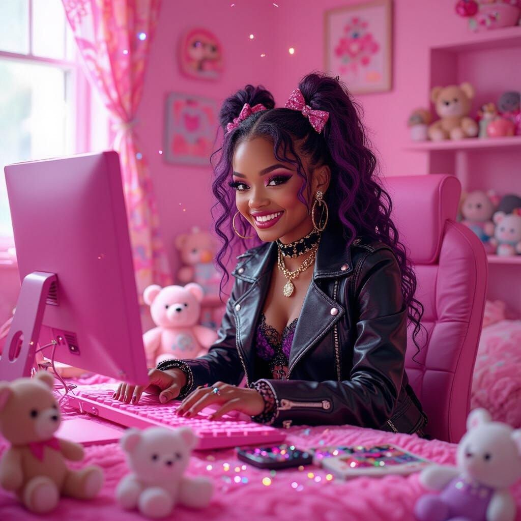 Kenyan Girl in Goth Gear in Pink Bedroom