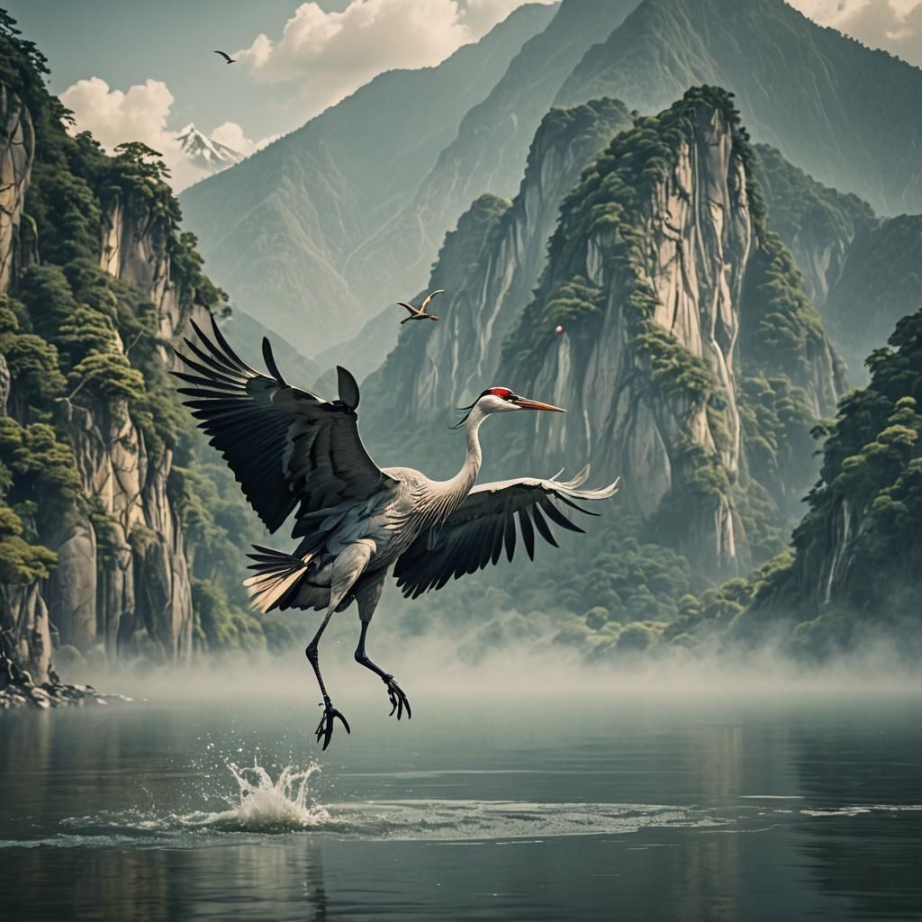 Crane in Flight: Anime-Inspired 3D Art