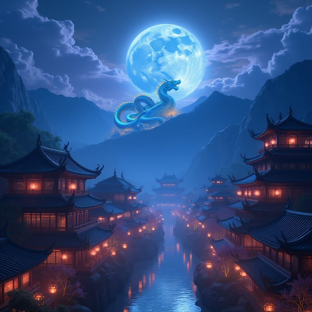 Mystical Night in Ancient Taiwanese City Under Full Moon