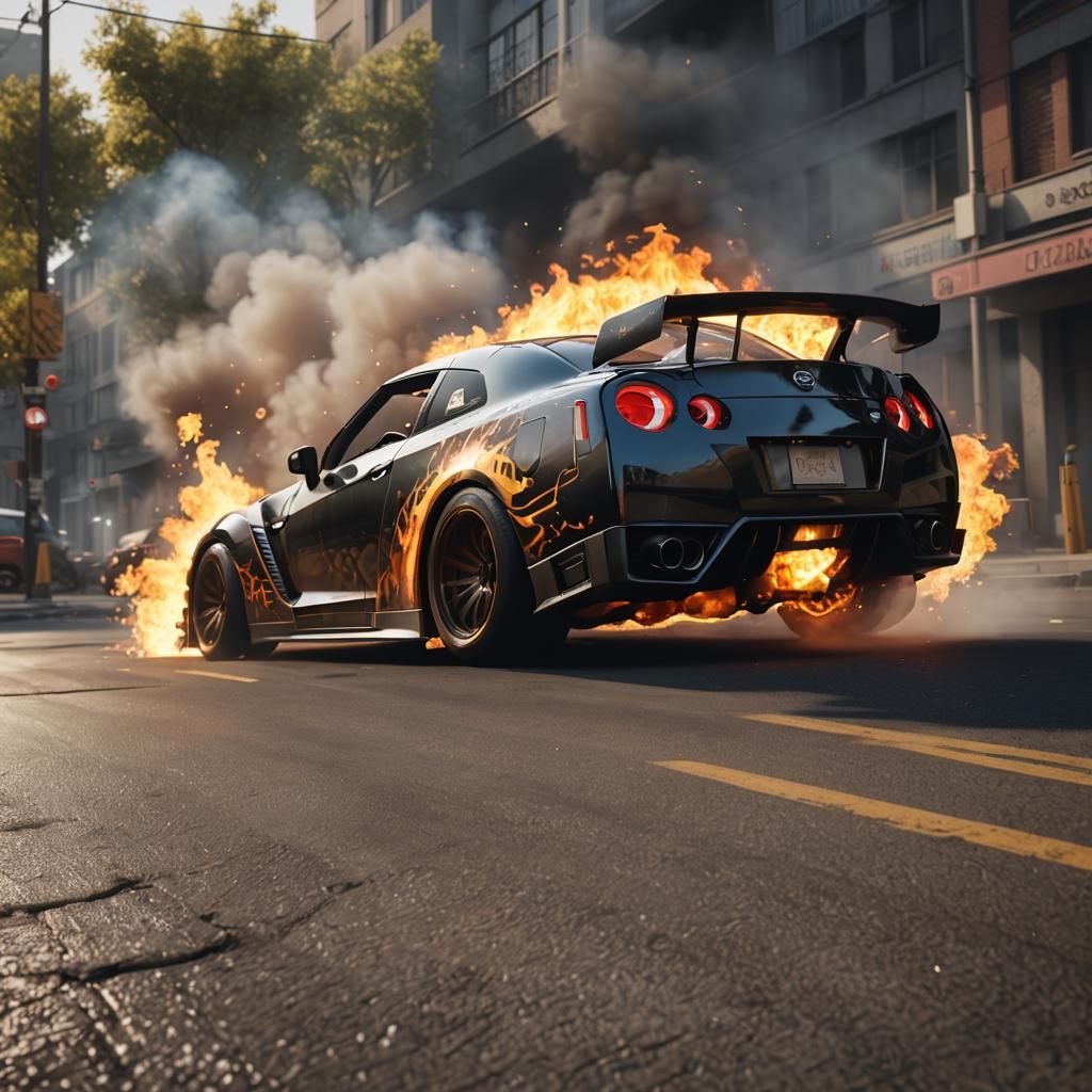 Tuned Nissan GTR R34 Flames in 3D Game Style