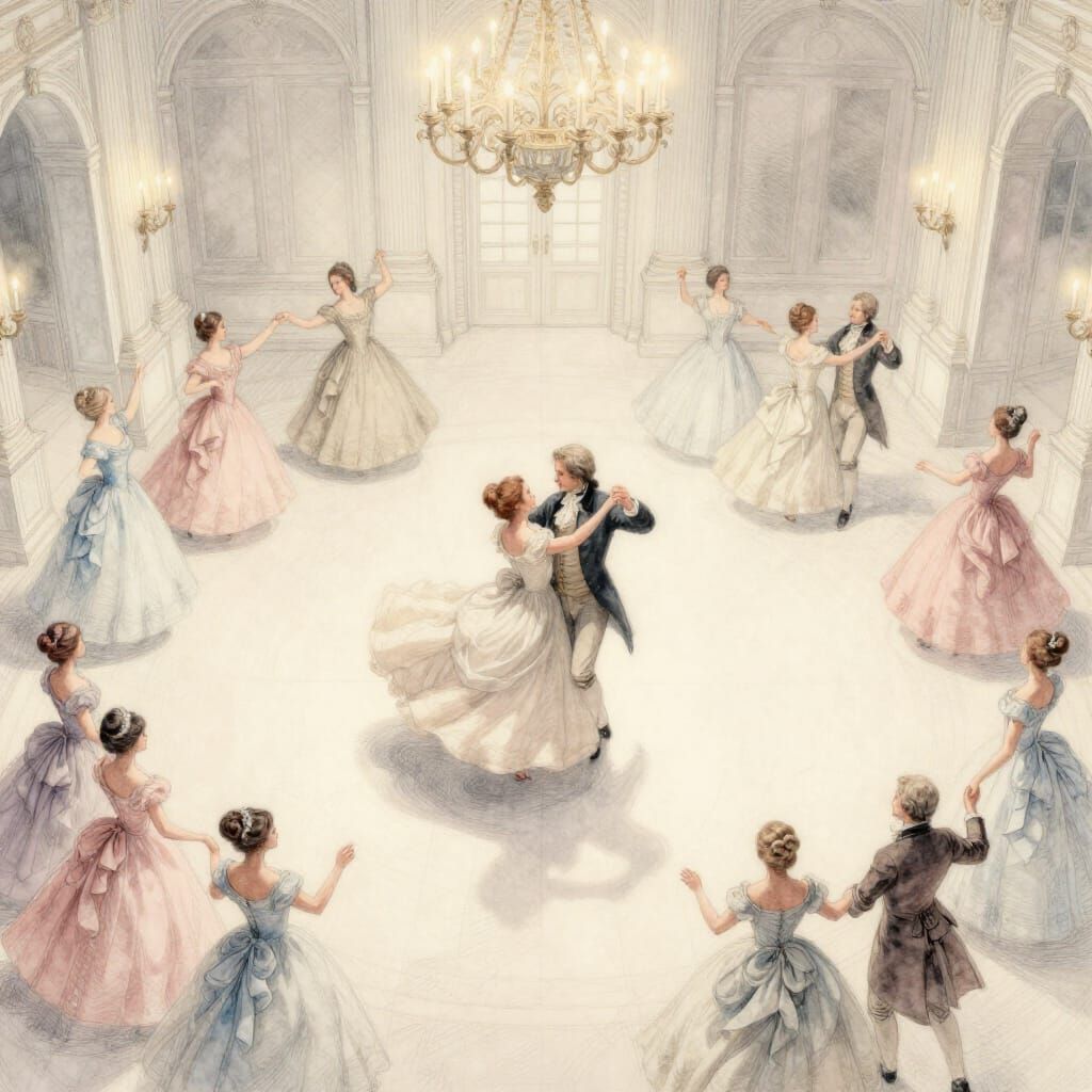 18th Century Ballroom Dance Sketch in Pencil and Watercolor