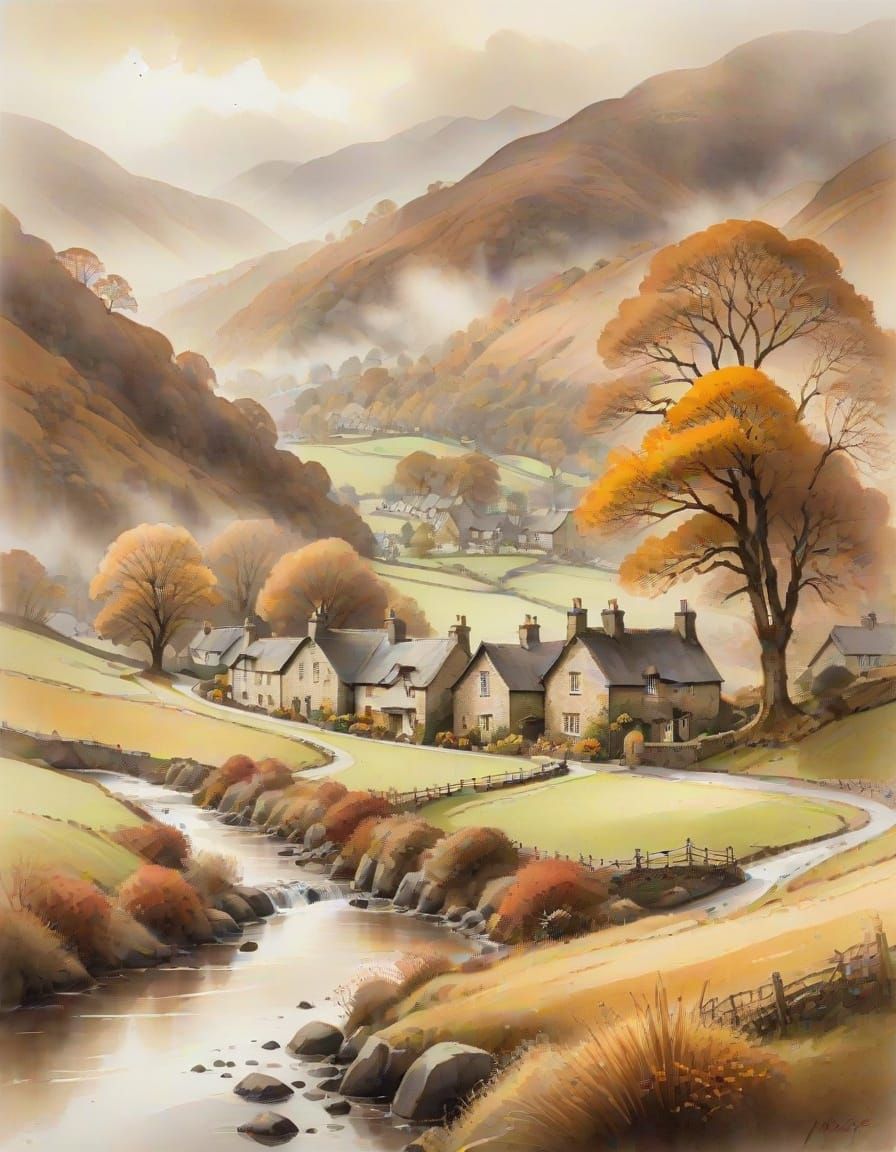 Autumn Grasmere Landscape in Sepia Watercolor