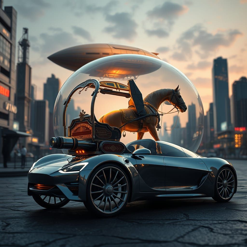 Majestic Horse in Futuristic, High-Tech Vessels, Cyberpunk M...