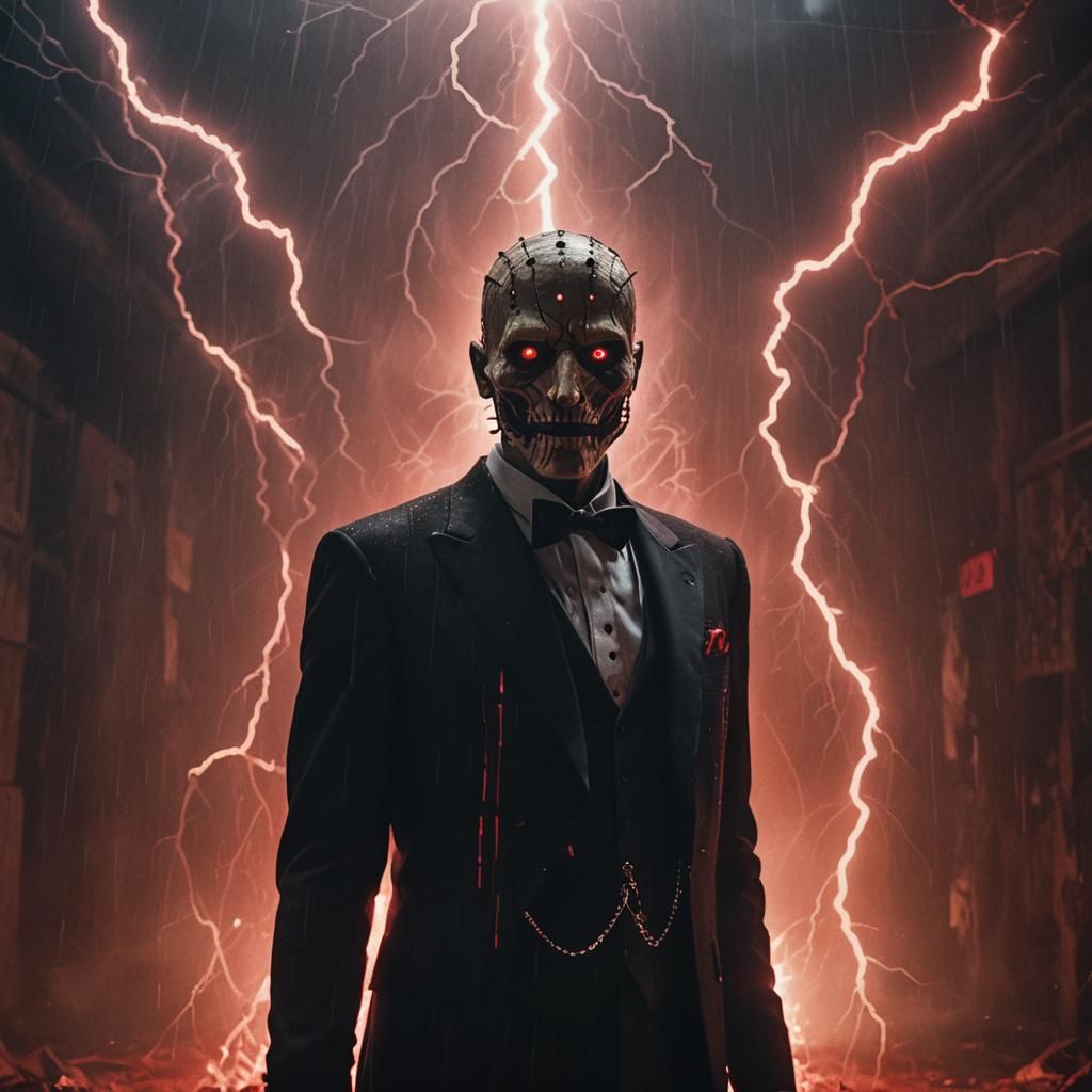 Eerie Tuxedo Figure with Red Eyes in Cinematic Style