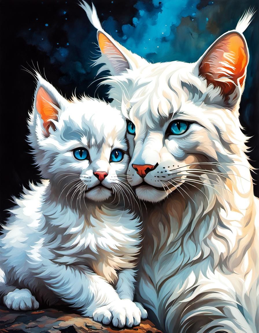 Fluffy Kitten and Cougar Cub in Detailed Gouache Style