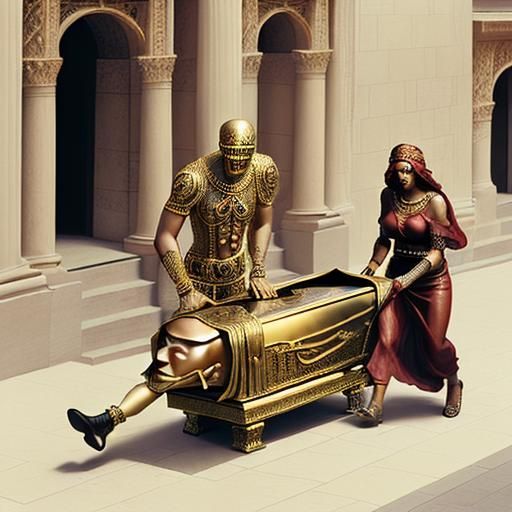 Man Drags Ornate Sarcophagus Through Ancient Desert Landscap...