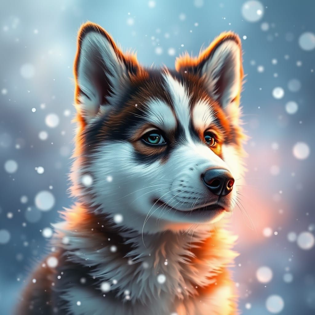 Vibrant Husky Puppy Portrait in Whimsical Snowstorm