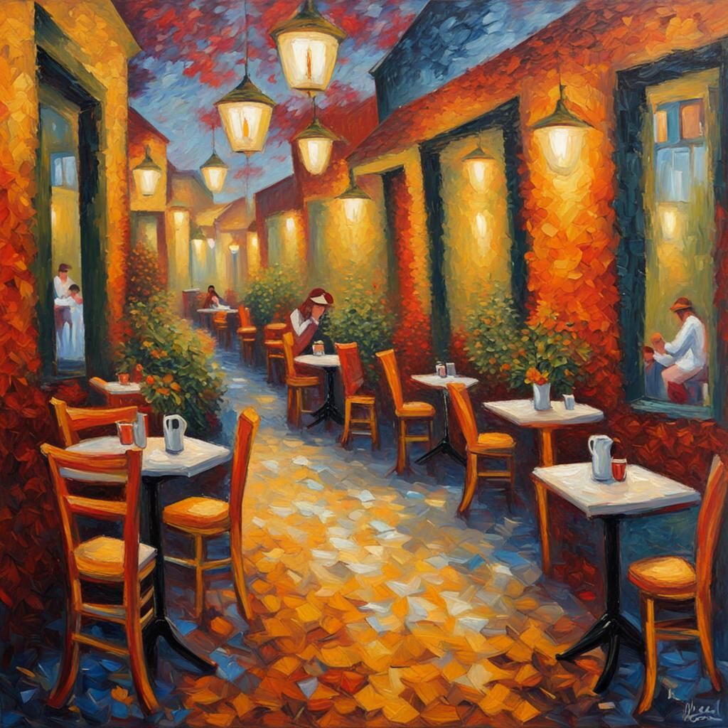 Colorful Cafe Scene in Impasto Oil Painting