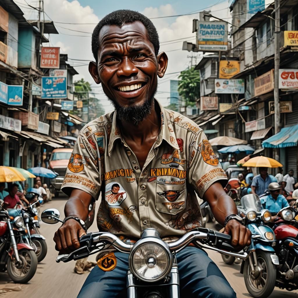 Hyperrealistic Caricature of Man on Harley Davidson