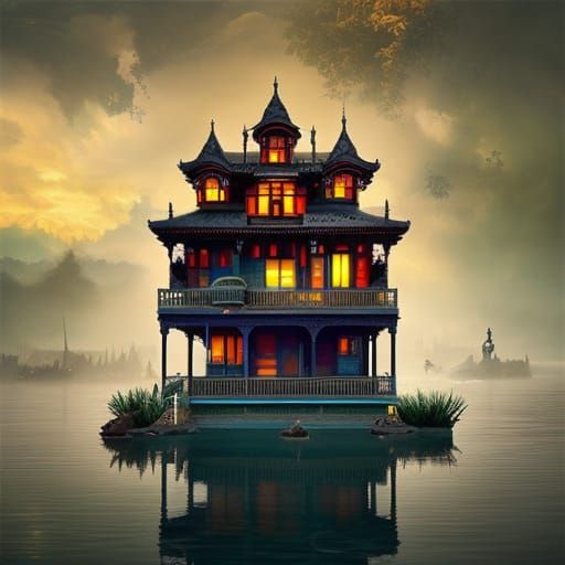 Victorian House on Floating Island: Fantasy Art
