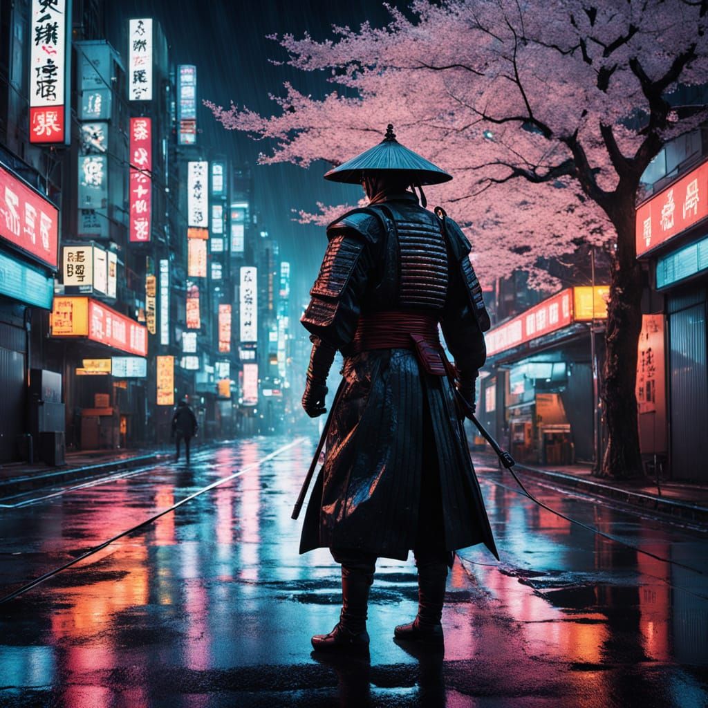 Cyberpunk Samurai on Neon Tokyo Street