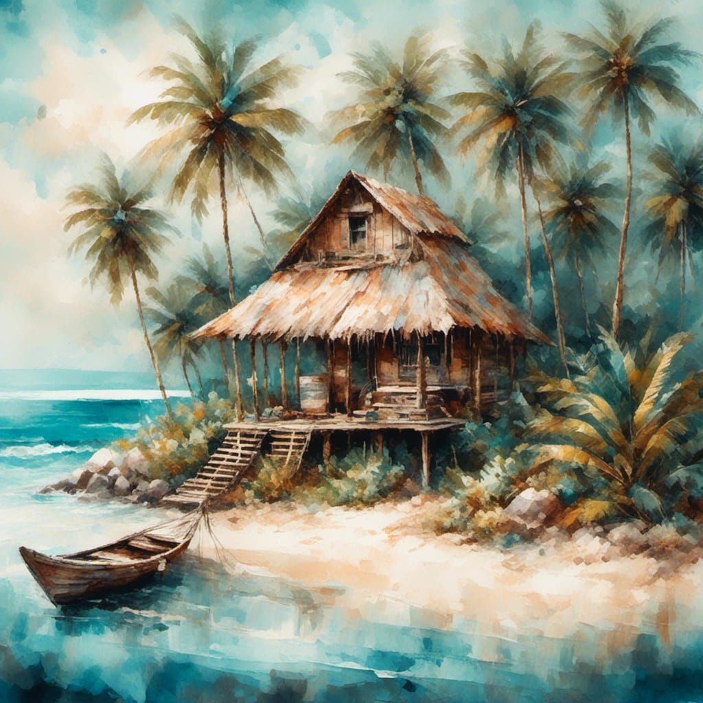 Secluded Island Hut with Hammock in Watercolor Style