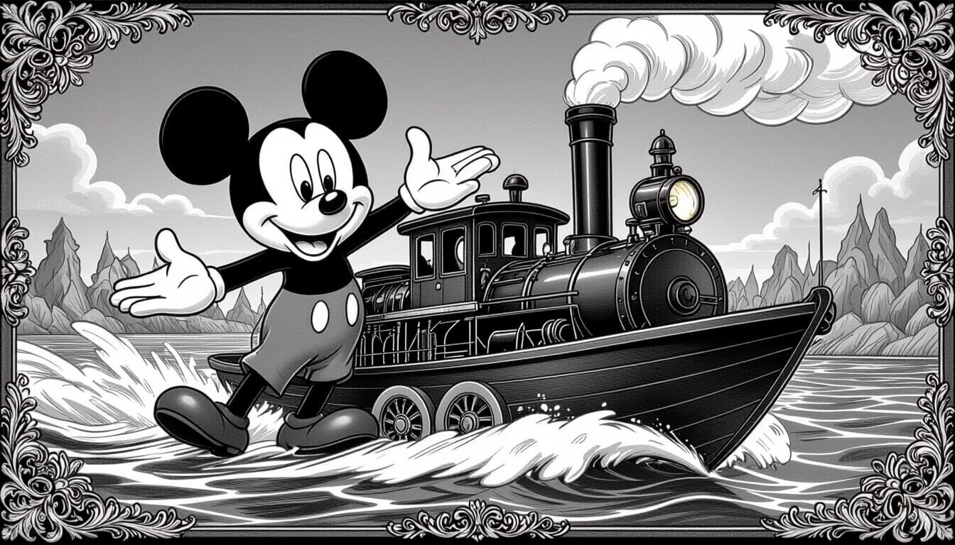 Steamboat Willie Realistic Pencil Illustration with Filigree