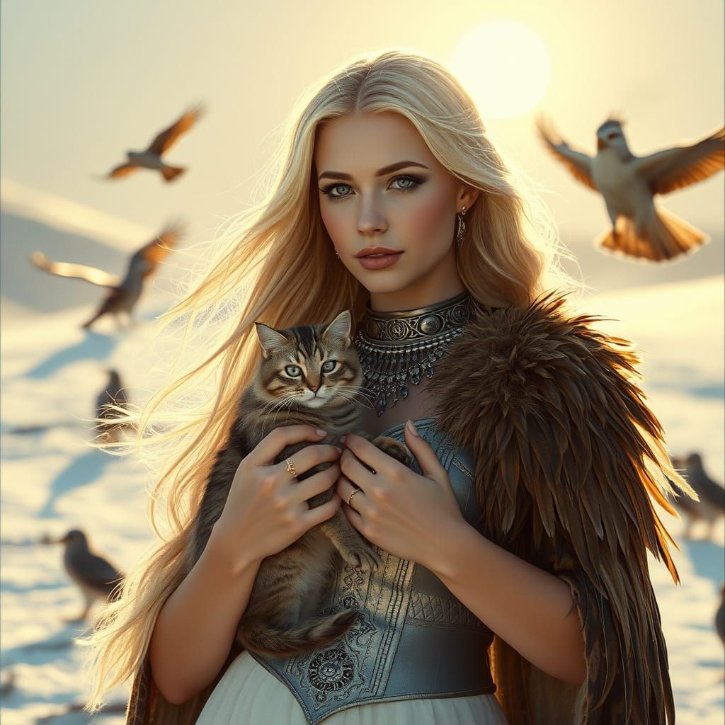 Goddess in Regal Attire, Surrounded by Falcons and Snowy Lan...