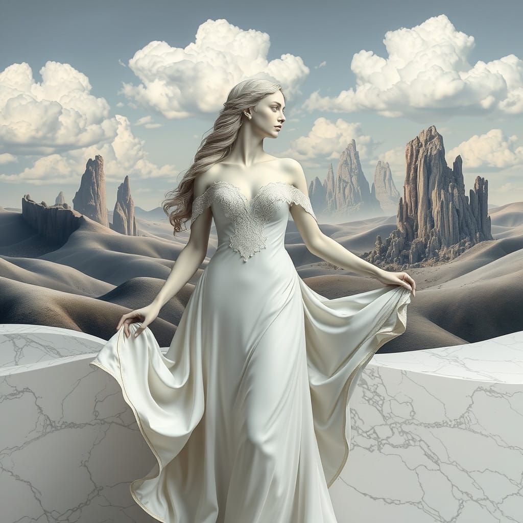 Ethereal Goddess in White Marble Dreamscape