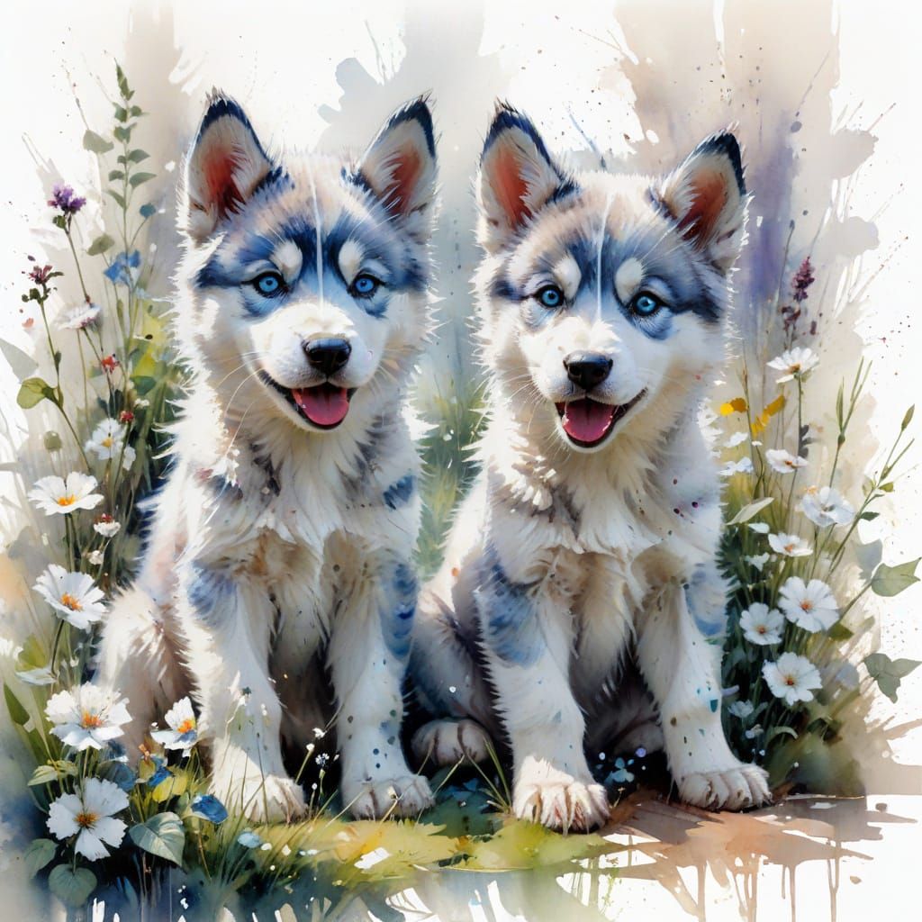 Adorable Husky Cubs Play in Watercolour Garden