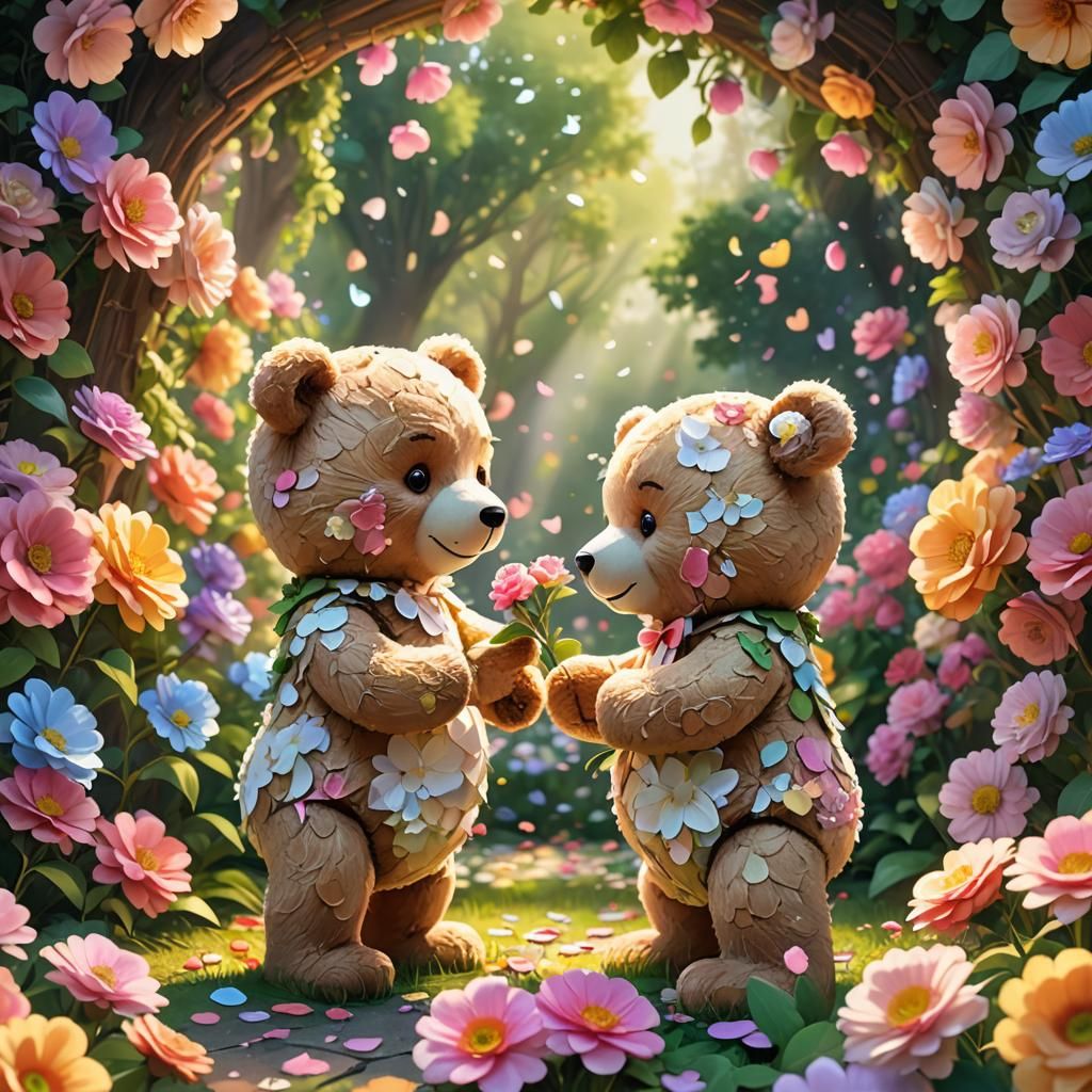 Teddy Bears Wedding in Lush Garden: Oil Painting