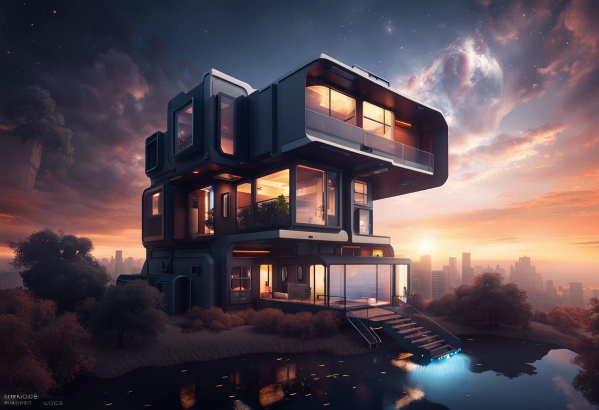 Futuristic Modular Space City at Sunset