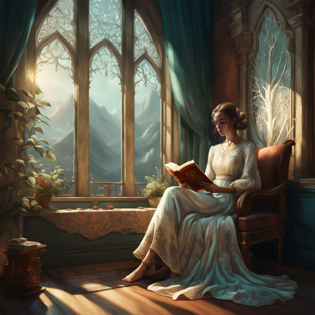 Cozy Bookworm in Elegant White Dress