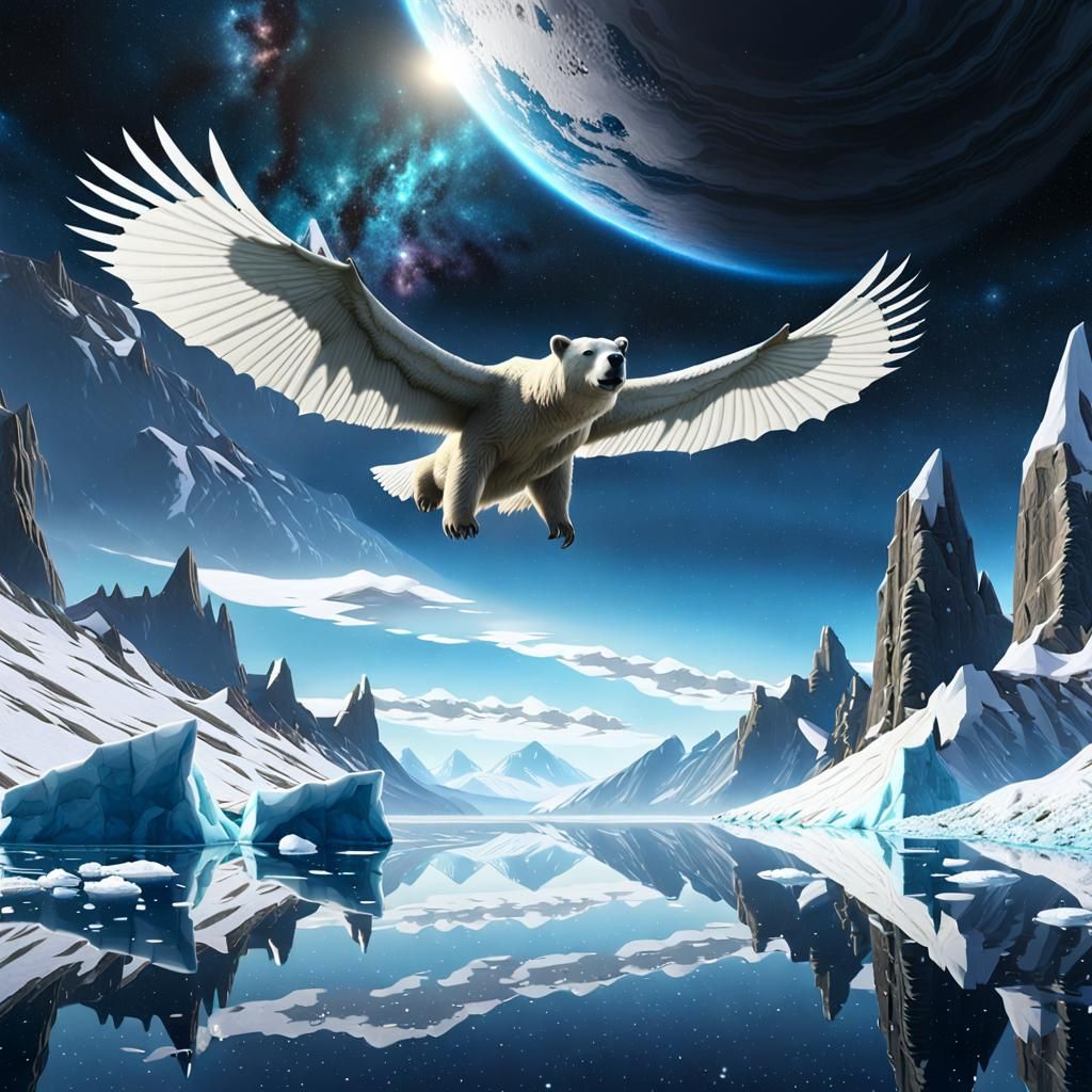 Winged Polar Bear Ascends to the Stars