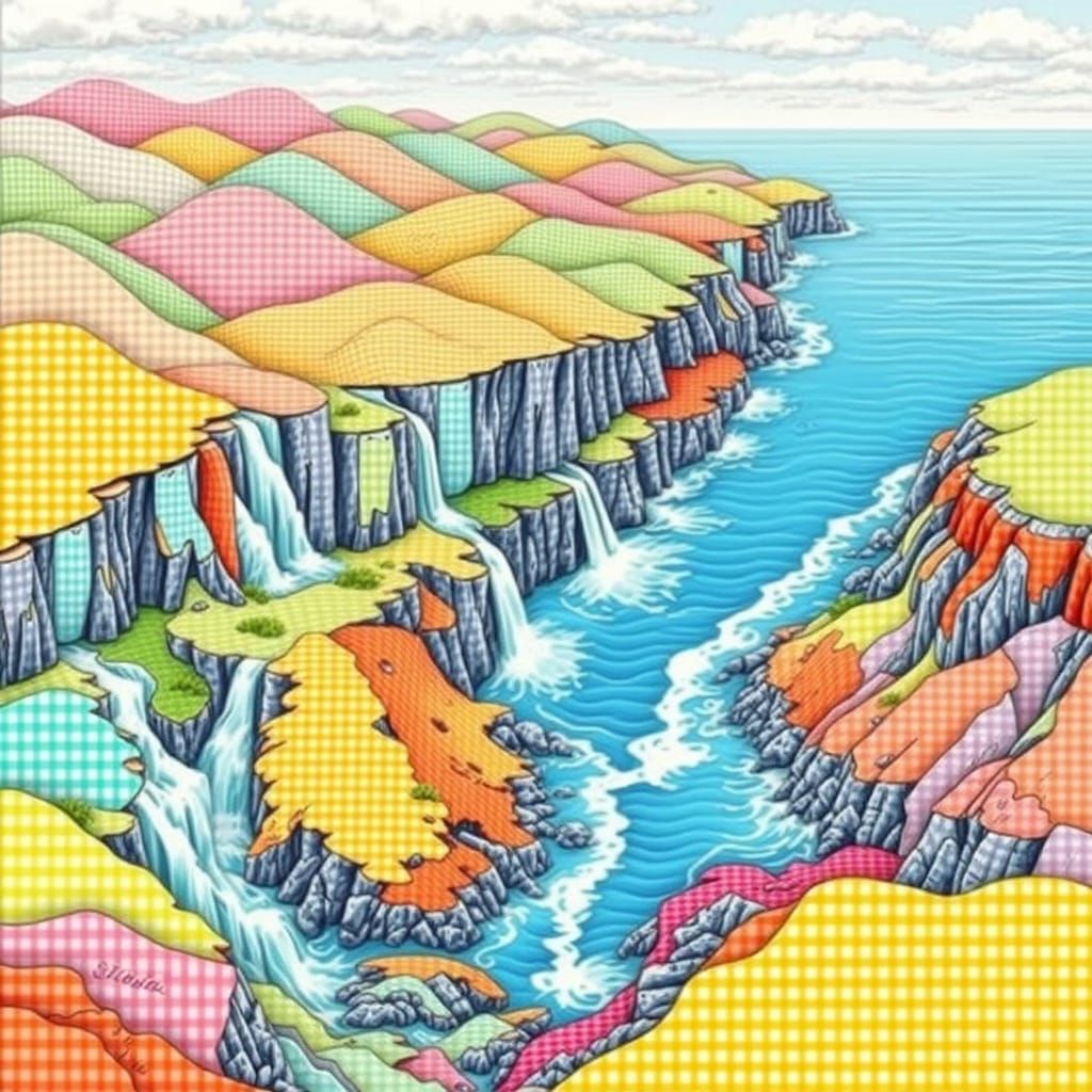 Whimsical Gingham Landscape in Dreamlike Abstraction